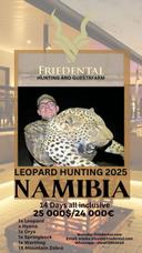 LEOPARD HUNT IN NAMIBIA 2025. 
FULL PACKAGE ALL INCLUSIVE. 
1x Leopard 
1x Hyena Brown or Spotted
1x Oryx
1x Zebra
1x Springbuck
1x Warthog

25 000$/ 24 000€

Contact me 