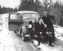 1935 in Blaney Park, Michigan. Fred Bear and Carl Strang pose with Fred's First bowkill Deer. Bonus porcupine on the bumper of a 1935 Ford.